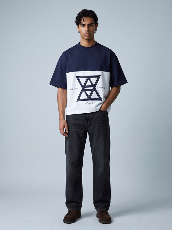 Navy & White Colour-Block Boxy Tee