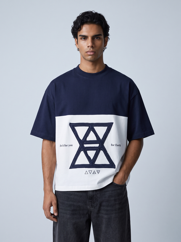 Navy & White Colour-Block Boxy Tee
