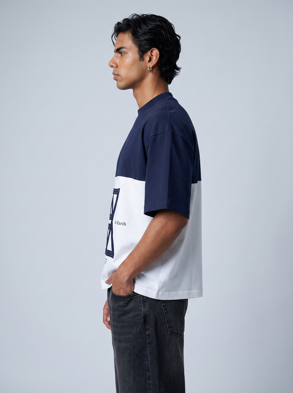 Navy & White Colour-Block Boxy Tee