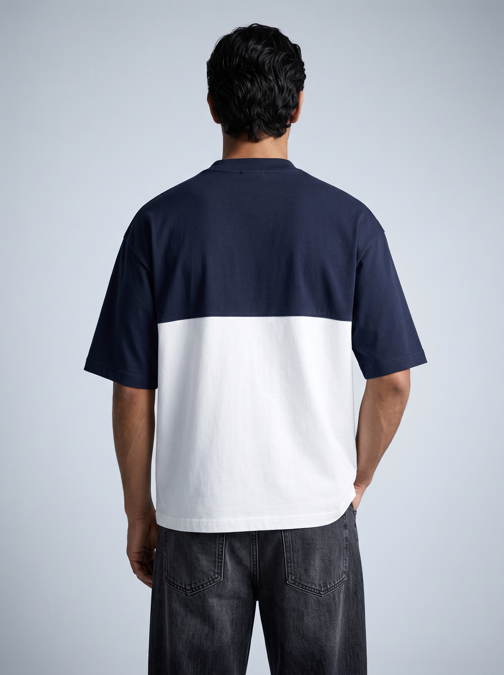 Navy & White Colour-Block Boxy Tee