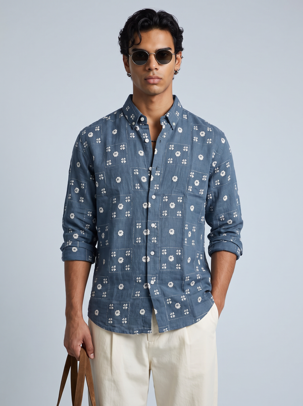 Blue Floral Patchwork Shirt