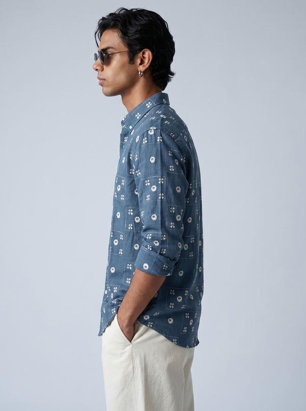 Blue Floral Patchwork Shirt