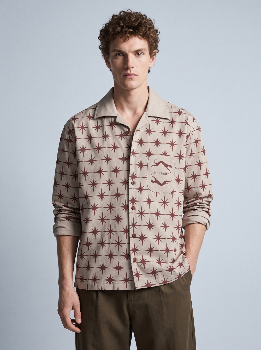 Cream Twill All-Over star Print boxy Shirt