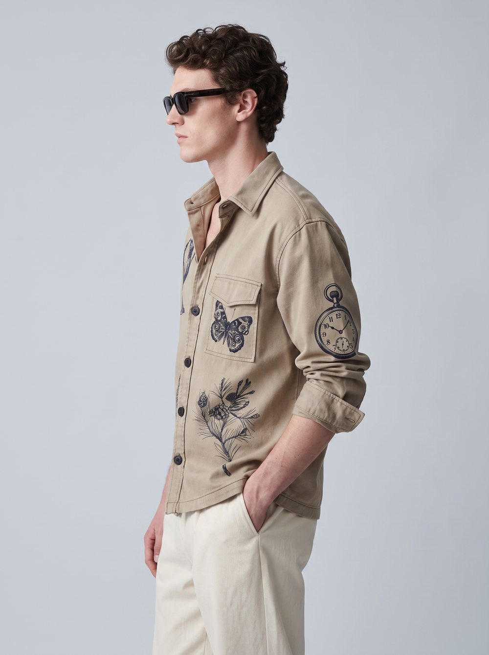 Khakhi Shadow Twill Block Print Shacket