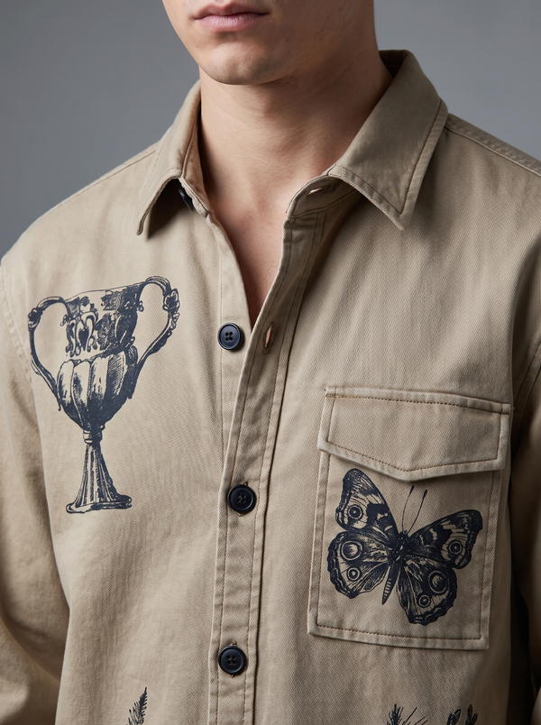 Khakhi Shadow Twill Block Print Shacket