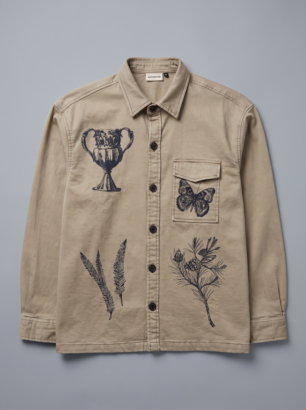 Khakhi Shadow Twill Block Print Shacket